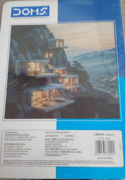 Back cover of the DOMS Exercise Notebook 200 Pages Unruled showcasing a unique architectural design.