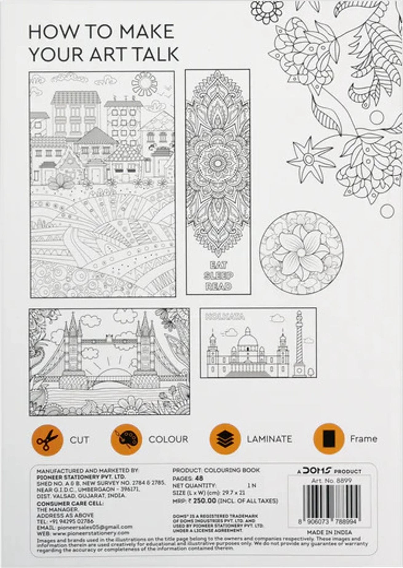 Back cover of DOMS Colouring Book Hobby Essentials featuring intricate coloring designs for creativity.