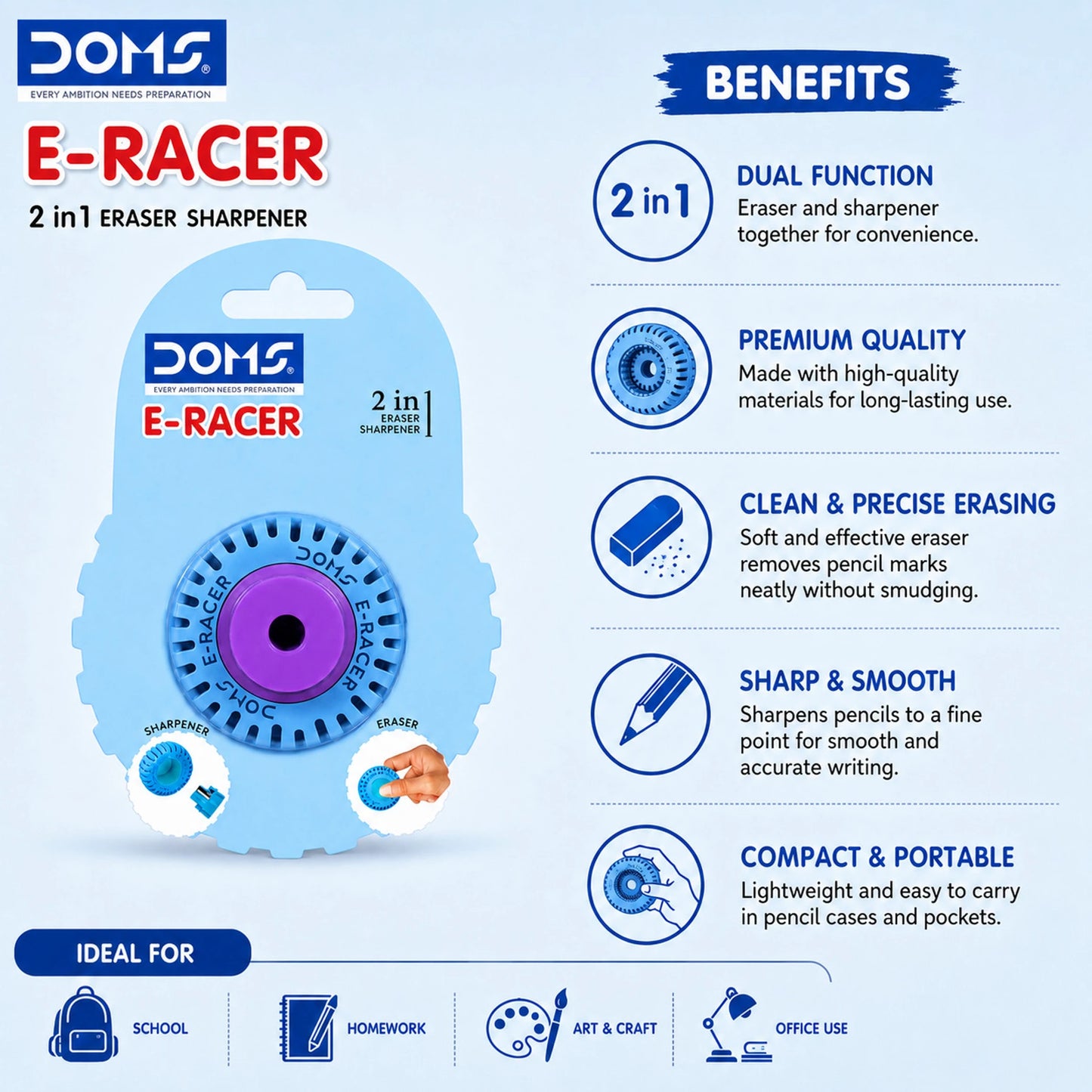 DOMS E-RACER 2 IN 1 Eraser + Sharpener