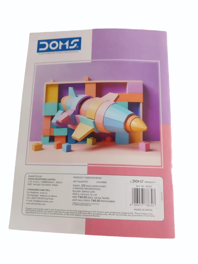 DOMS Exercise Notebook cover featuring a colorful design and rocket imagery, perfect for students' writing needs.